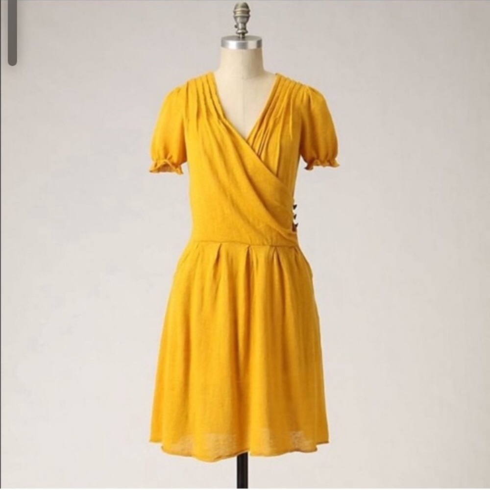 Anthropologie Moth Mustard Yellow wrap dress